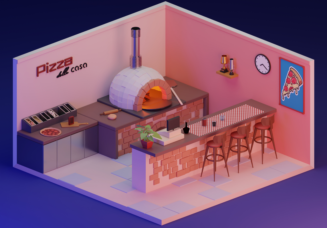 Rendu 3D en vue isométrique d'une pizzeria